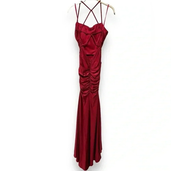 La Femme Open Back Jersey Modest Prom Gown 29873 in Burgundy Wine Red Size 2 - Picture 6 of 11